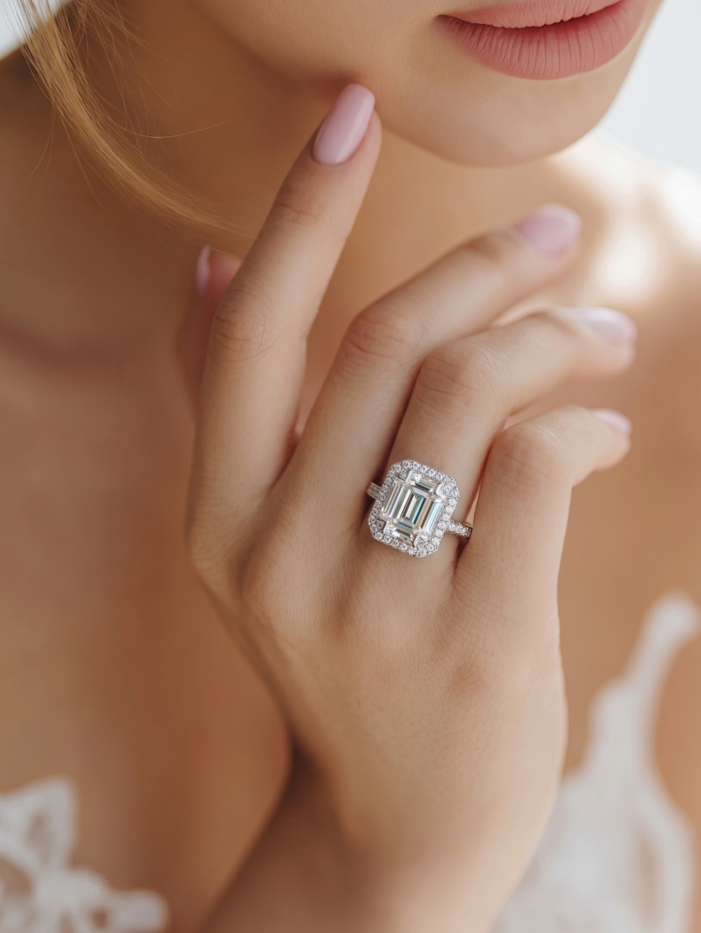Sterling Silver Baguette cut CZ Ring with Halo size 6.75 🆕